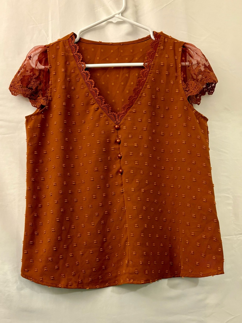 SHEIN Rust V-Neck Lace Cap  Sleeve Button Front Blouse